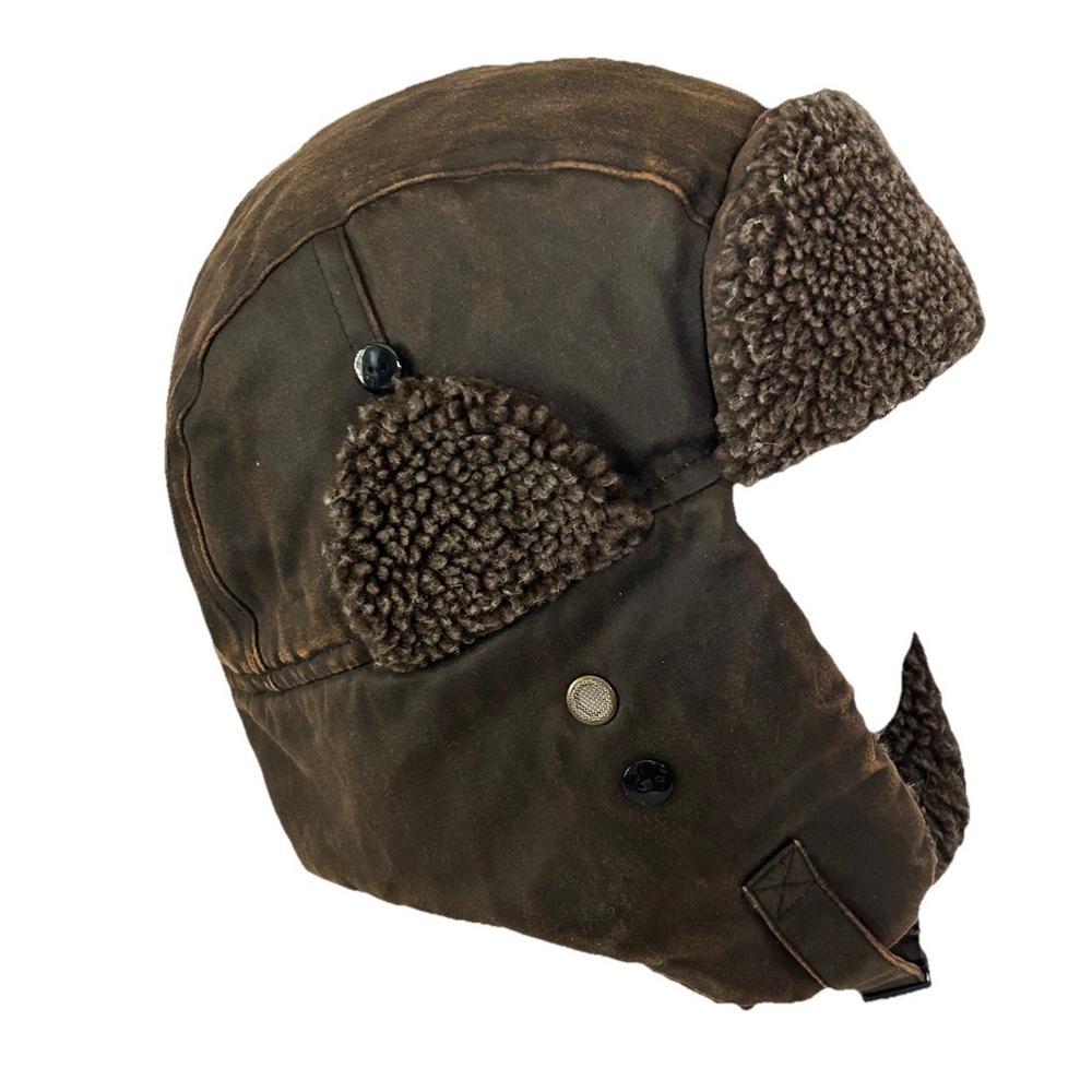Aviator Faux Fur Brown Leather Trapper Hat One Size Buckle Chin Retro